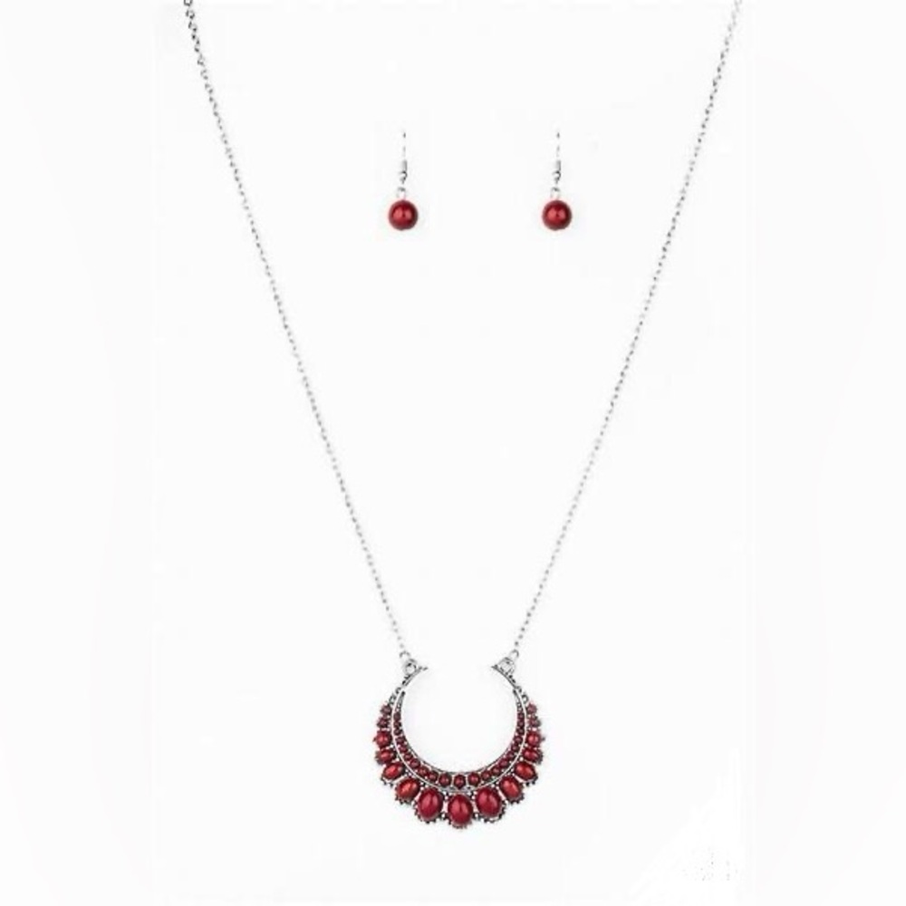 *Long silver and red(wine) pendant necklace.